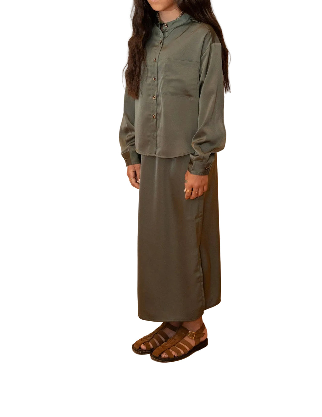 Mandarin Collar Silk Set- Sage