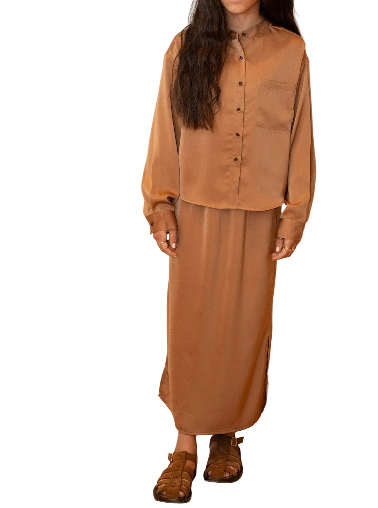 Mandarin Collar Silk Set- Toffee