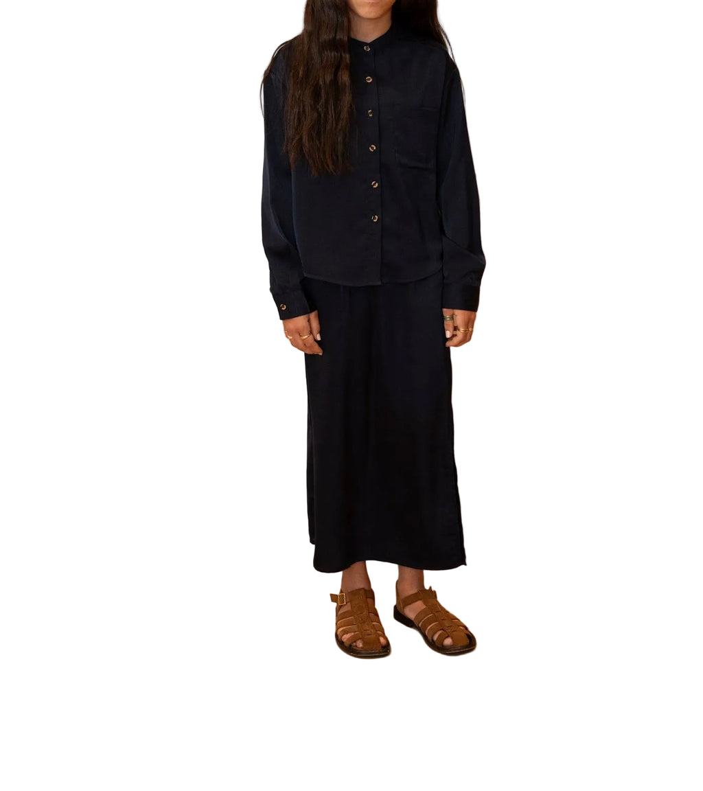 Mandarin Collar Silk Set- Navy