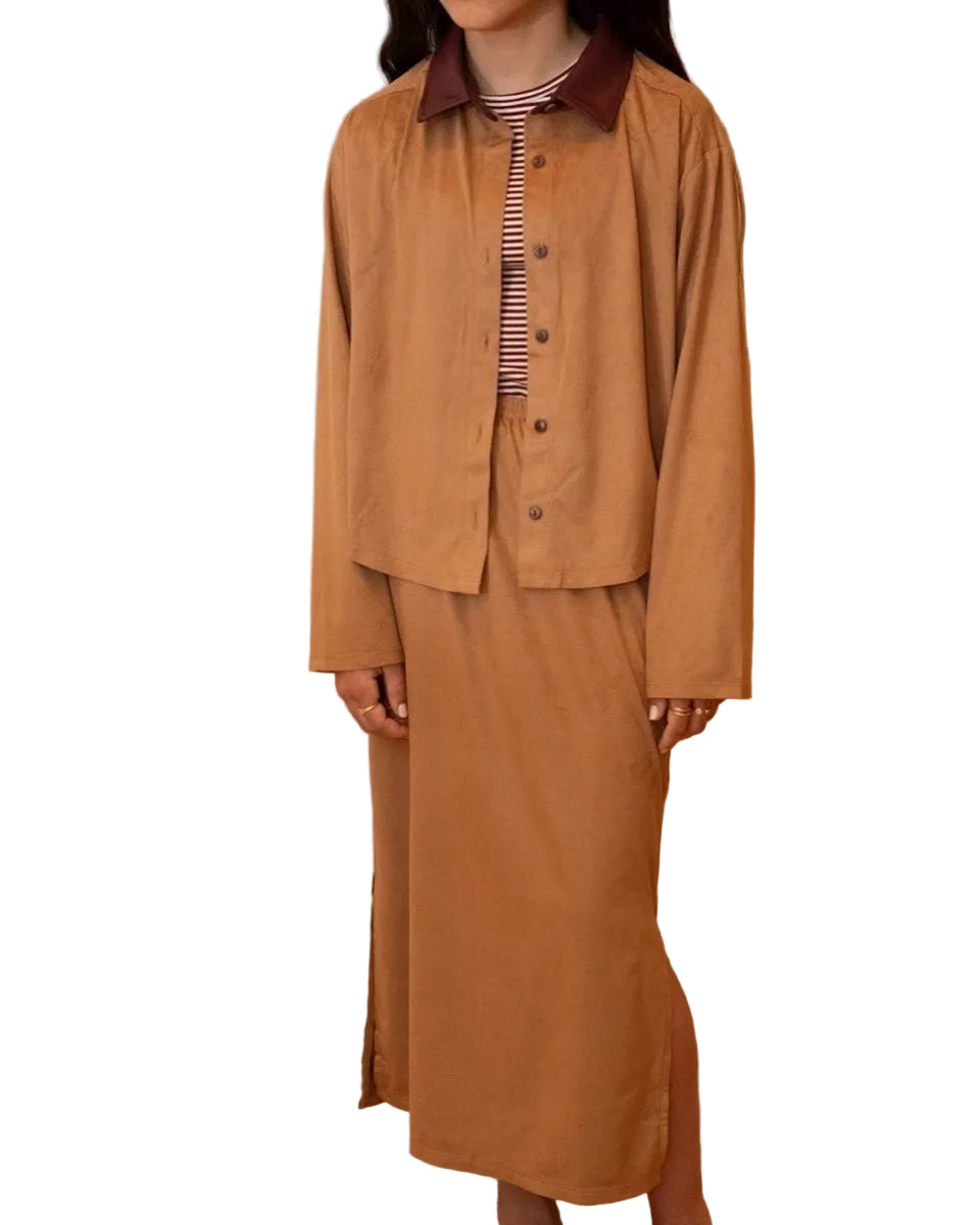 Suede Set with Contrasting Leather Collar- Caramel
