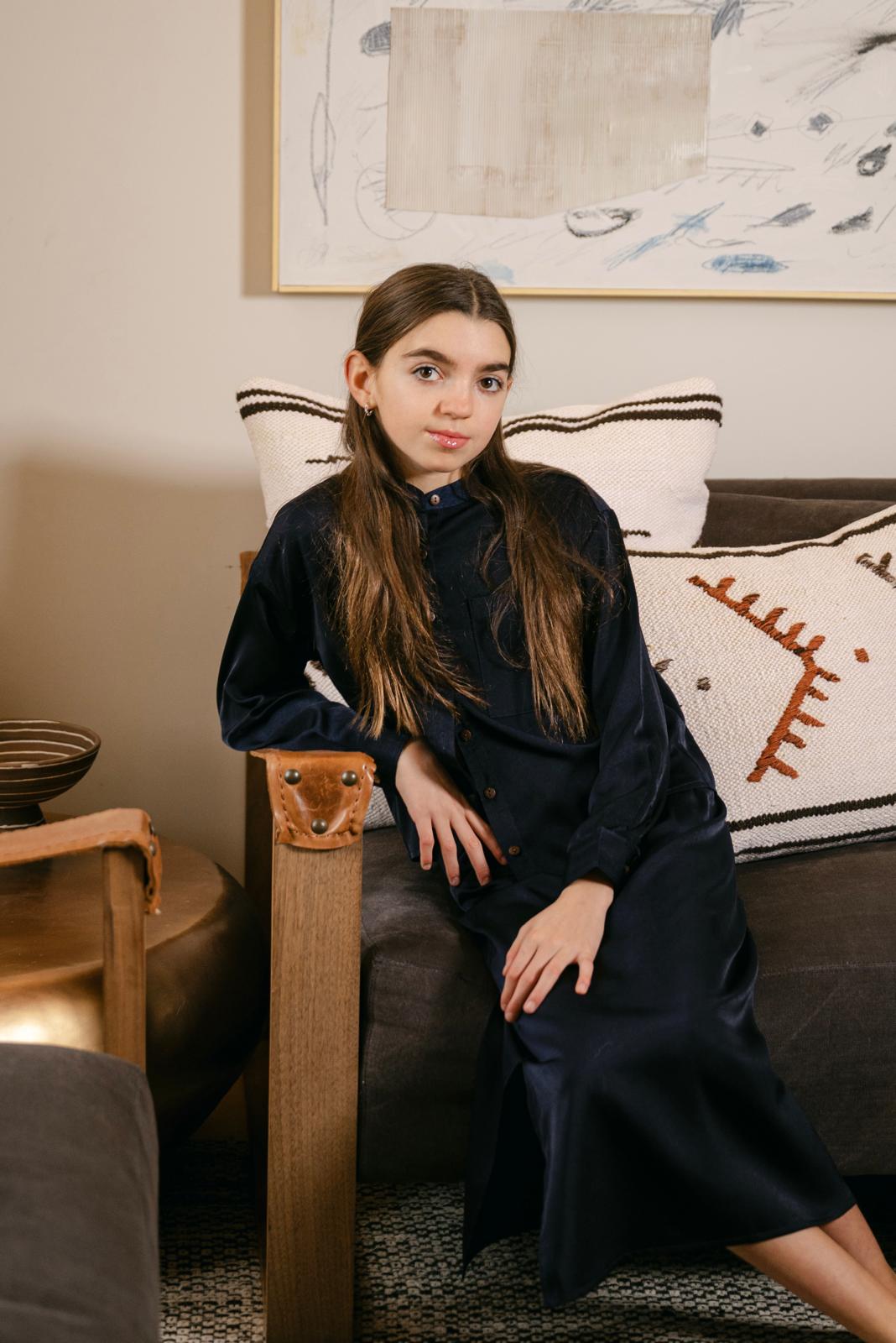 Mandarin Collar Silk Set- Navy