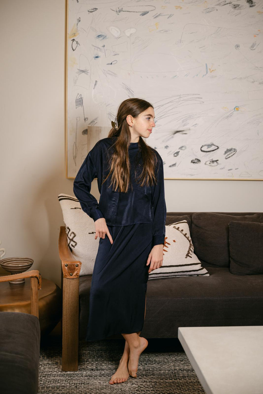 Mandarin Collar Silk Set- Navy