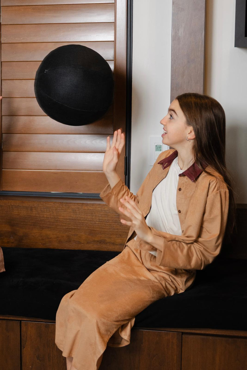 Suede Set with Contrasting Leather Collar- Caramel